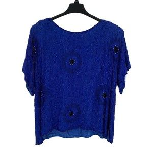 Carina Beaded Top 2X Vintage Blue Short Sleeve Silk Lined Sequin Embellished